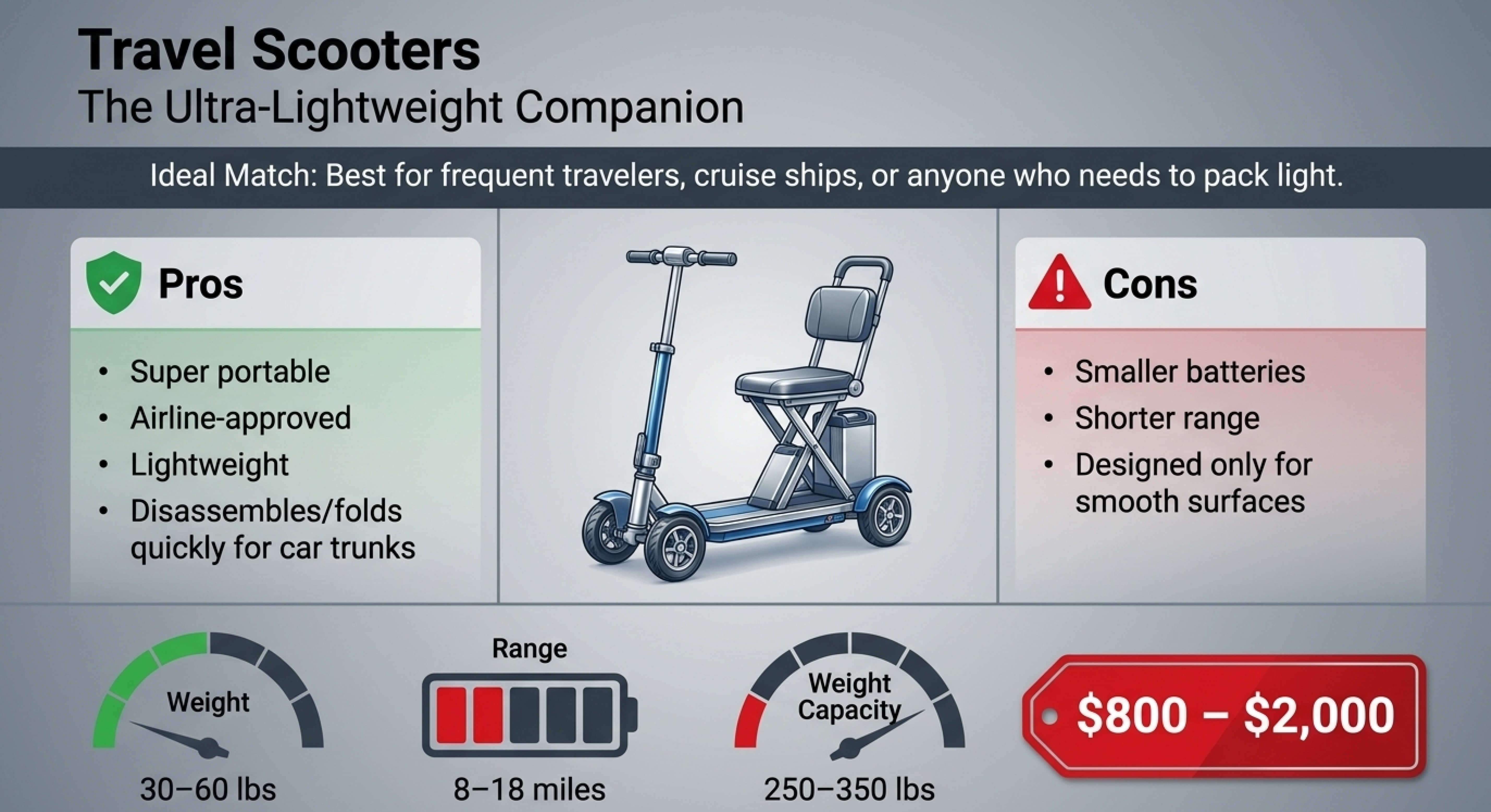 Travel scooter pros and cons card with weight, 8 to 18 mile range, 250 to 350 lb capacity and $800 to $2,000 price