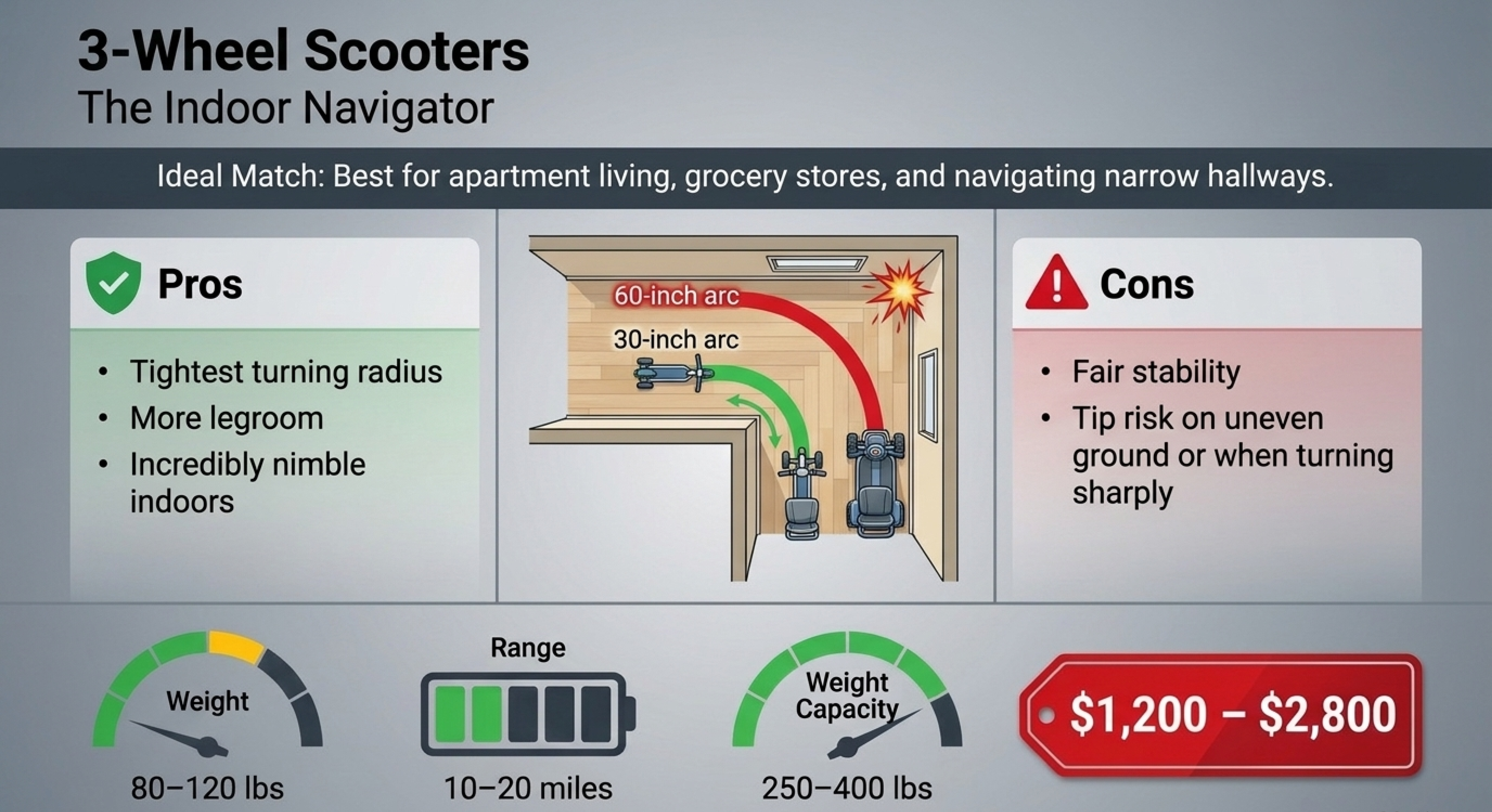 3-wheel scooter card showing a tight turn in a hallway, pros and cons, and a $1,200 to $2,800 price range