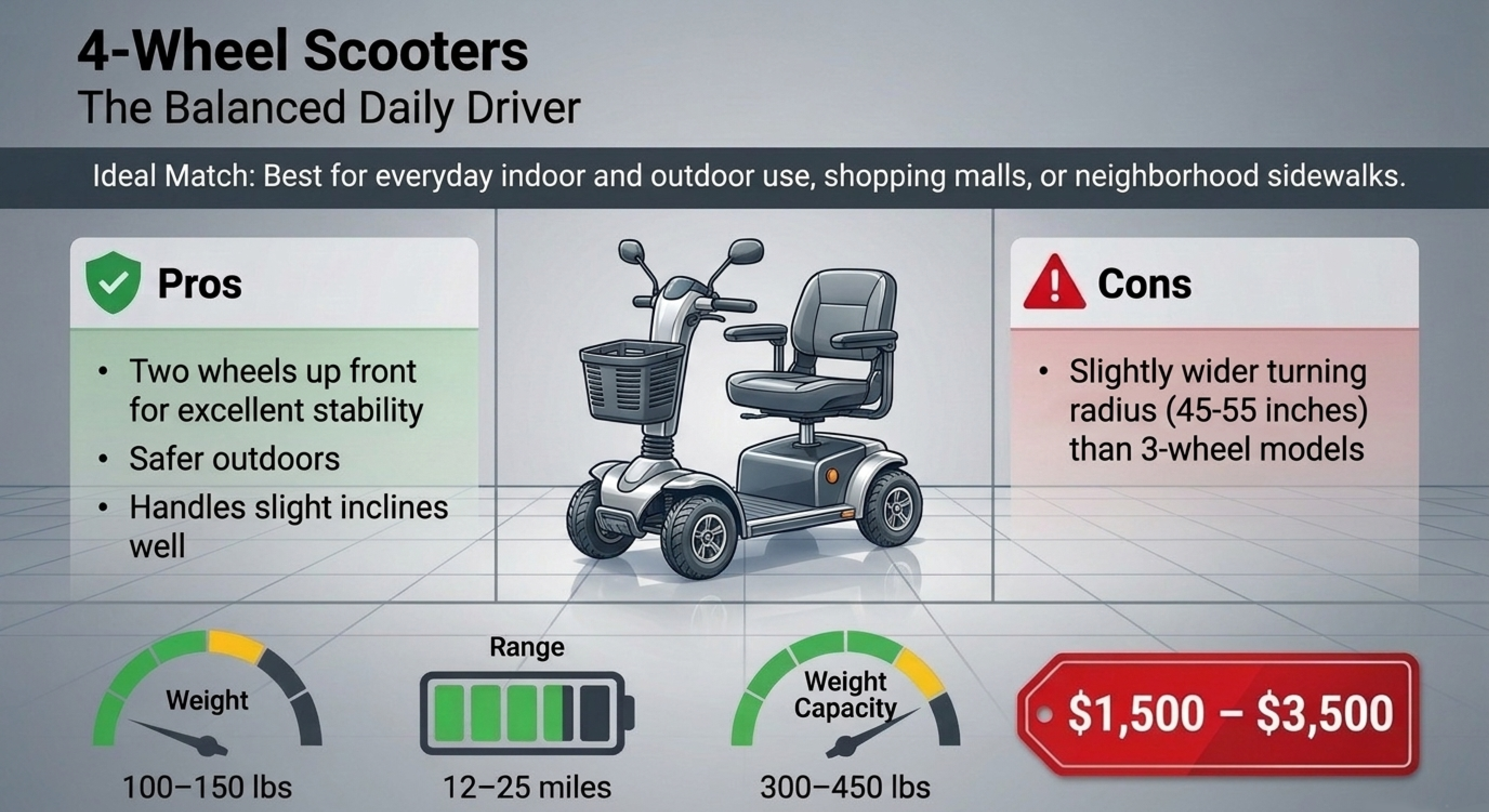 4-wheel scooter card with pros and cons, 12 to 25 mile range, 300 to 450 lb capacity and $1,500 to $3,500 price