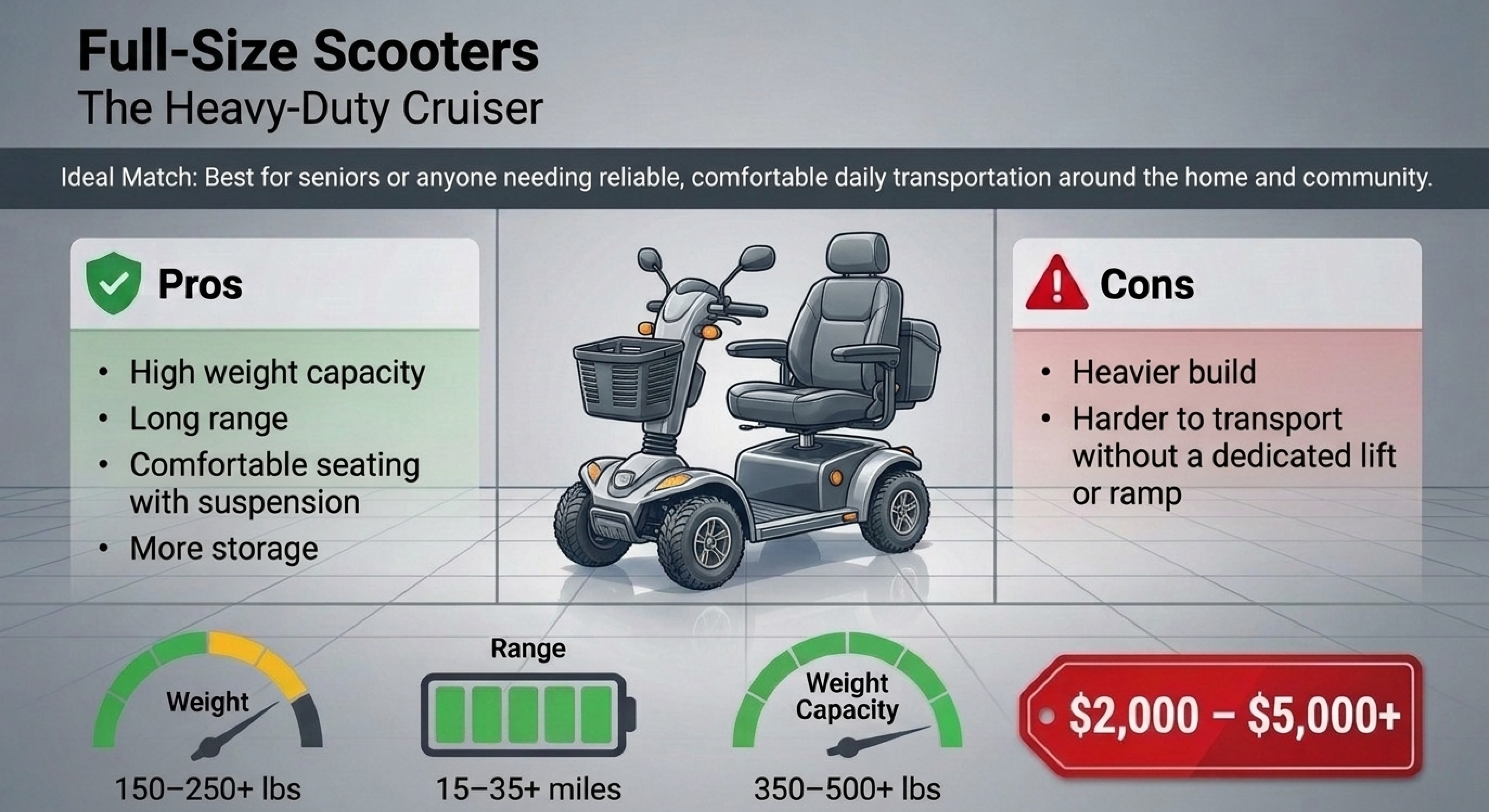 Full-size scooter card with pros and cons, 15 to 35 mile range, 350 to 500 lb capacity and $2,000 to $5,000 price