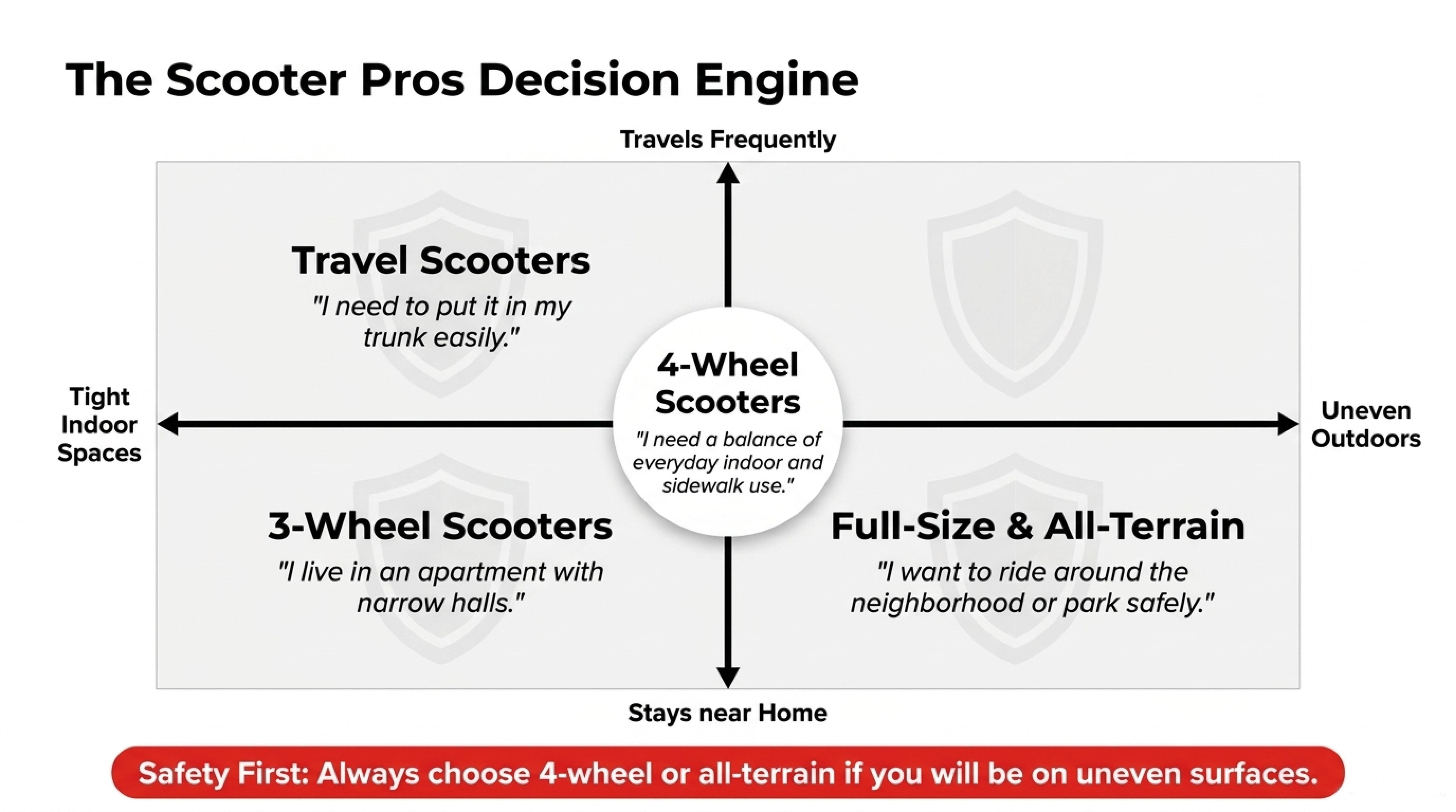 Scooter Pros decision chart placing scooter types by travel frequency and indoor or outdoor use